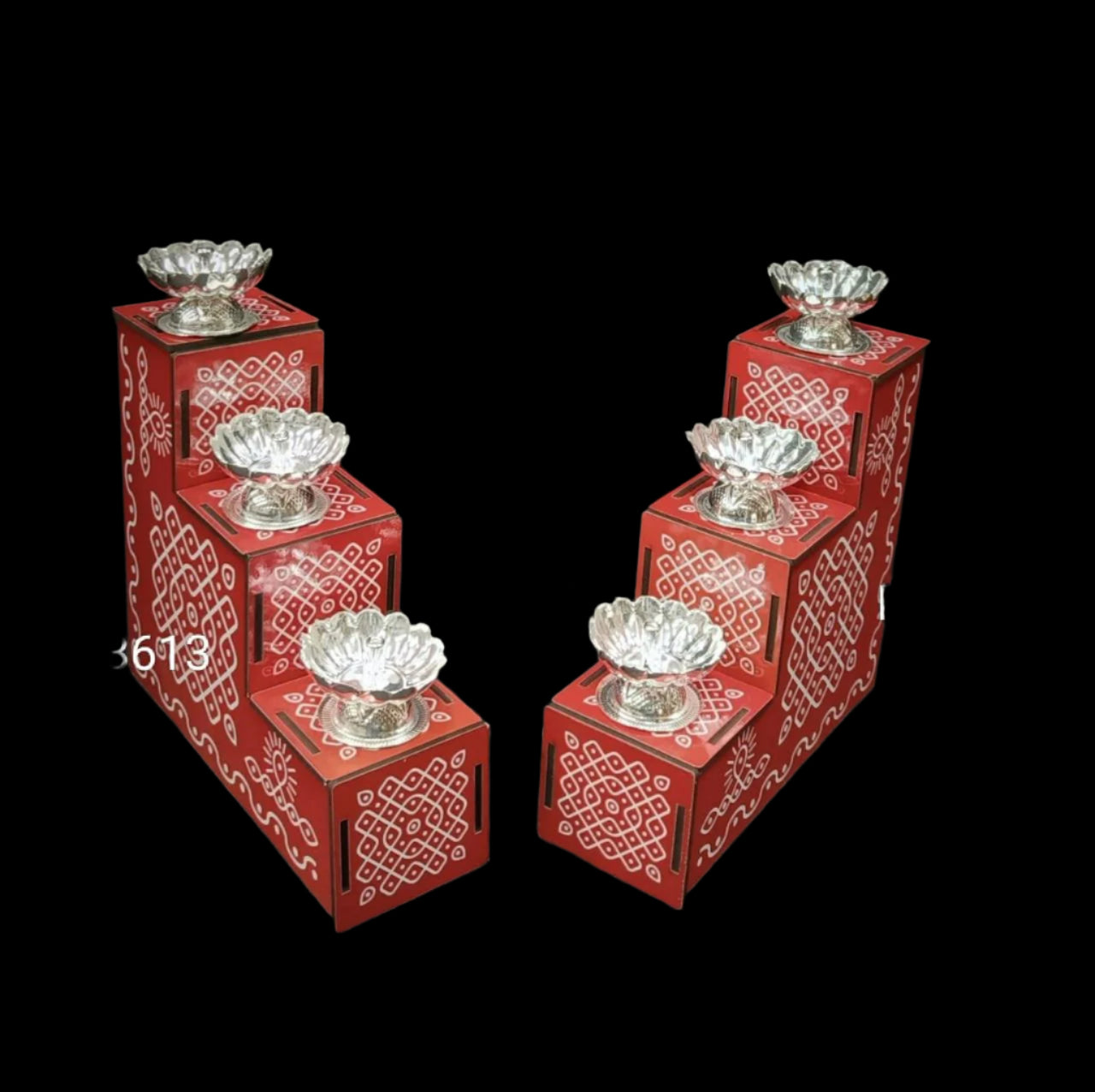 German silver set of 6 Diya with hand painted mdf detachable steps