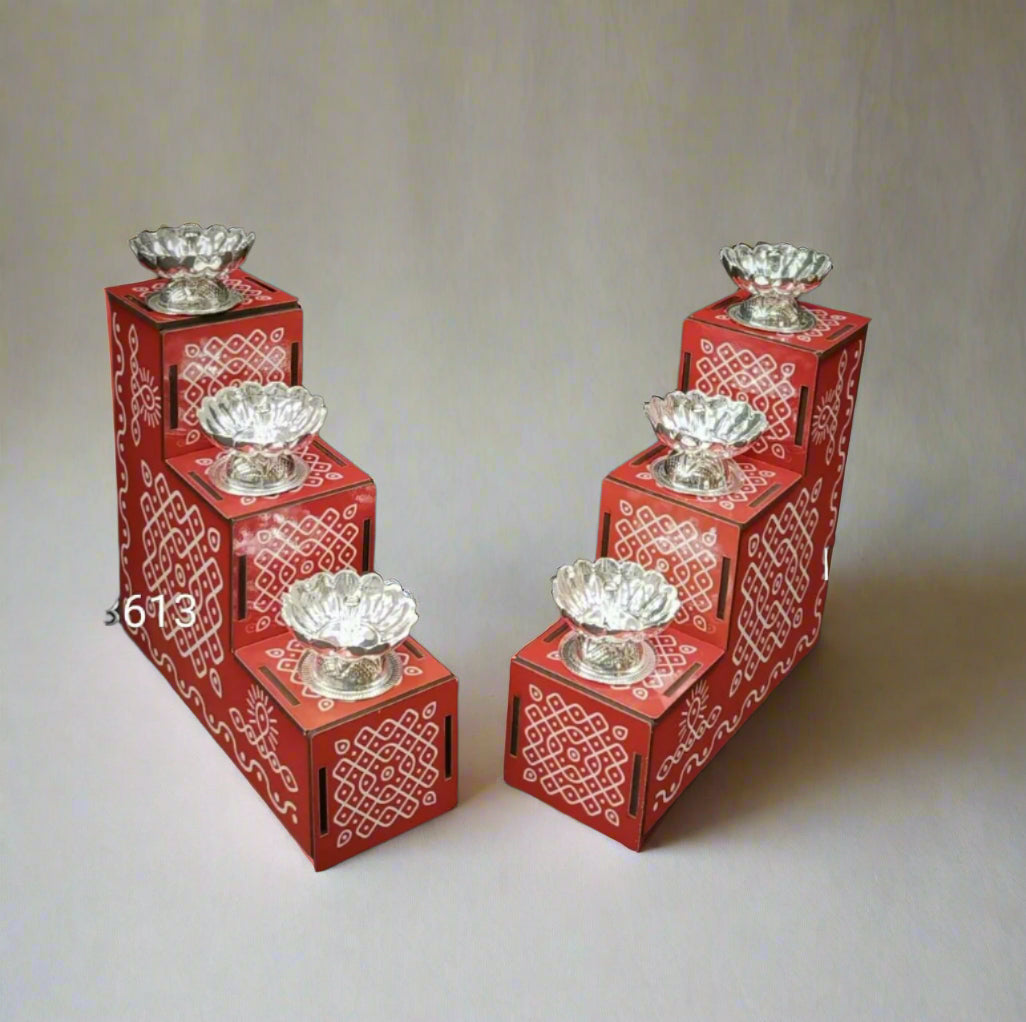 German silver set of 6 Diya with hand painted mdf detachable steps