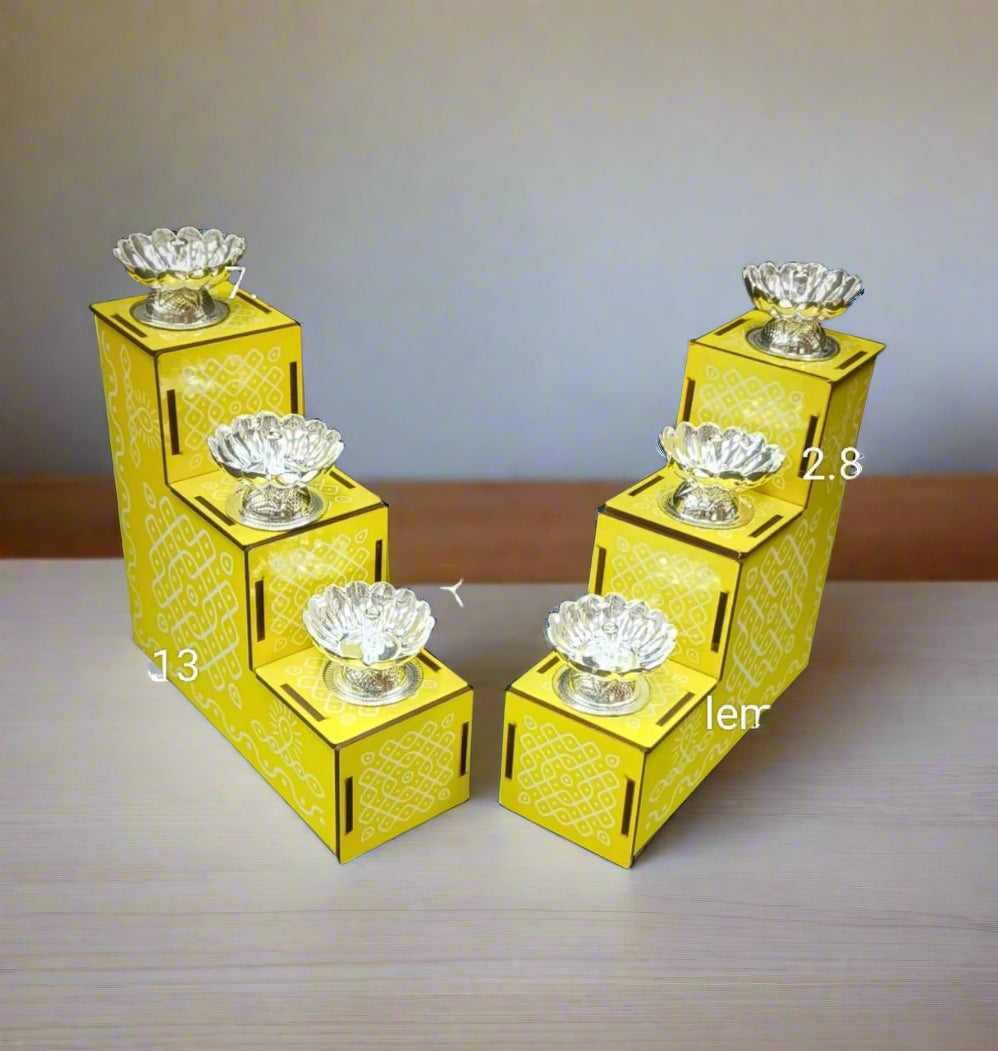 German silver set of 6 Diya with hand painted mdf detachable steps