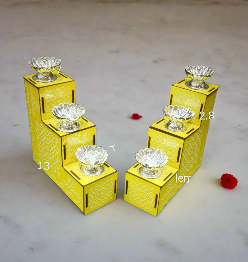 German silver set of 6 Diya with hand painted mdf detachable steps