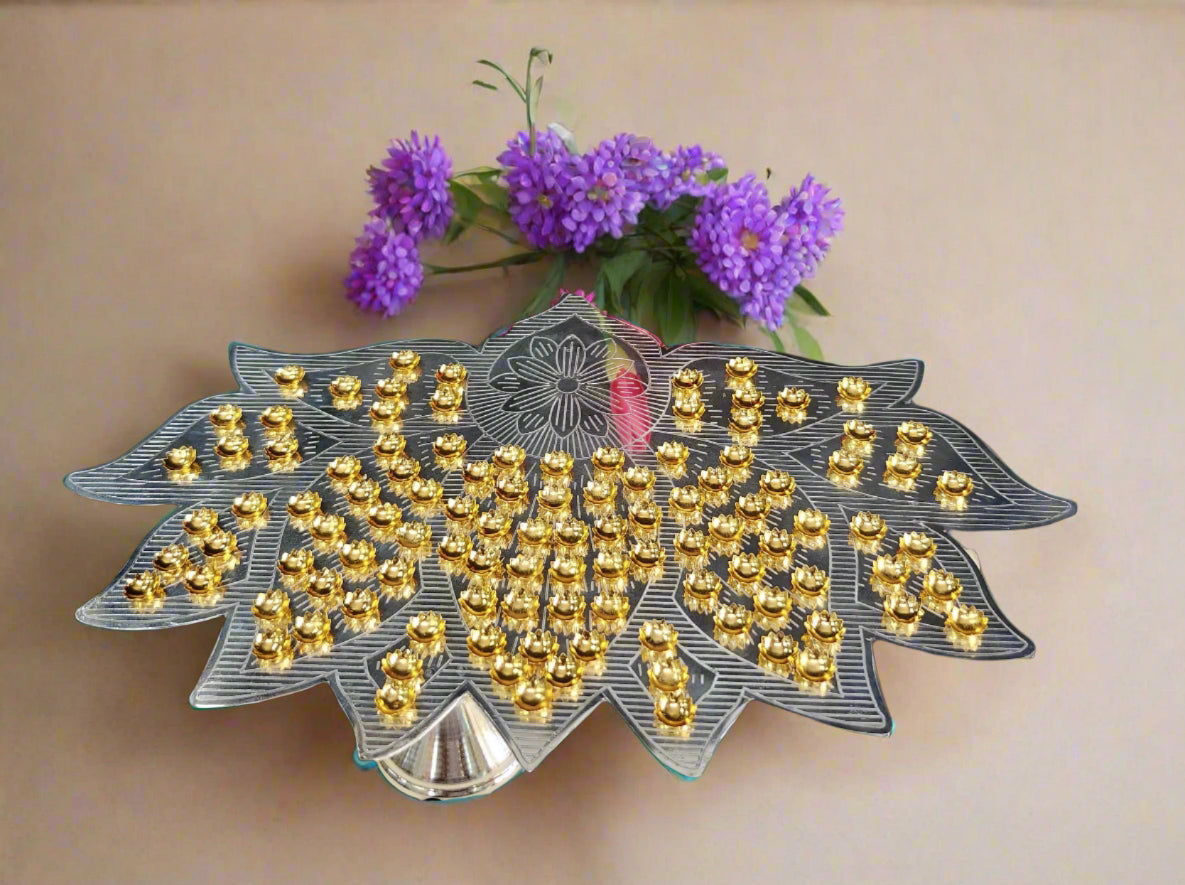 german silver lotus shape flower stand with 108 golden flowers
