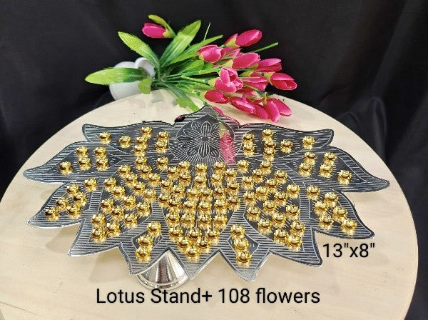 german silver lotus shape flower stand with 108 golden flowers