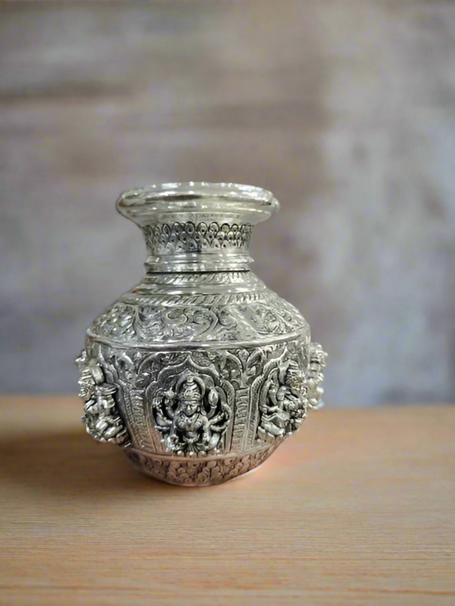 pure silver plated astha lakshmi kalash , 7"