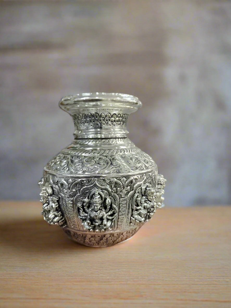 pure silver plated astha lakshmi kalash , 7"