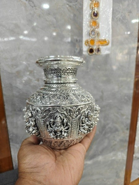pure silver plated astha lakshmi kalash , 7"