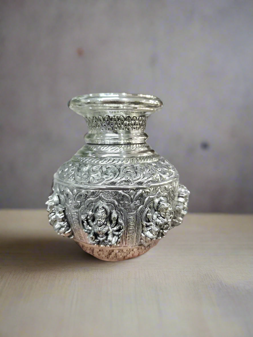 pure silver plated astha lakshmi kalash , 7"