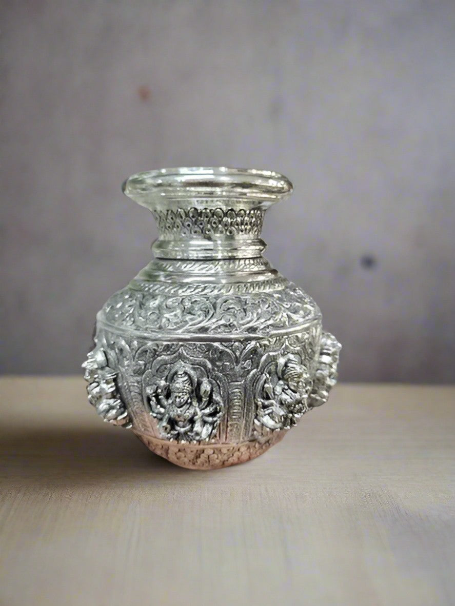 pure silver plated astha lakshmi kalash , 7"