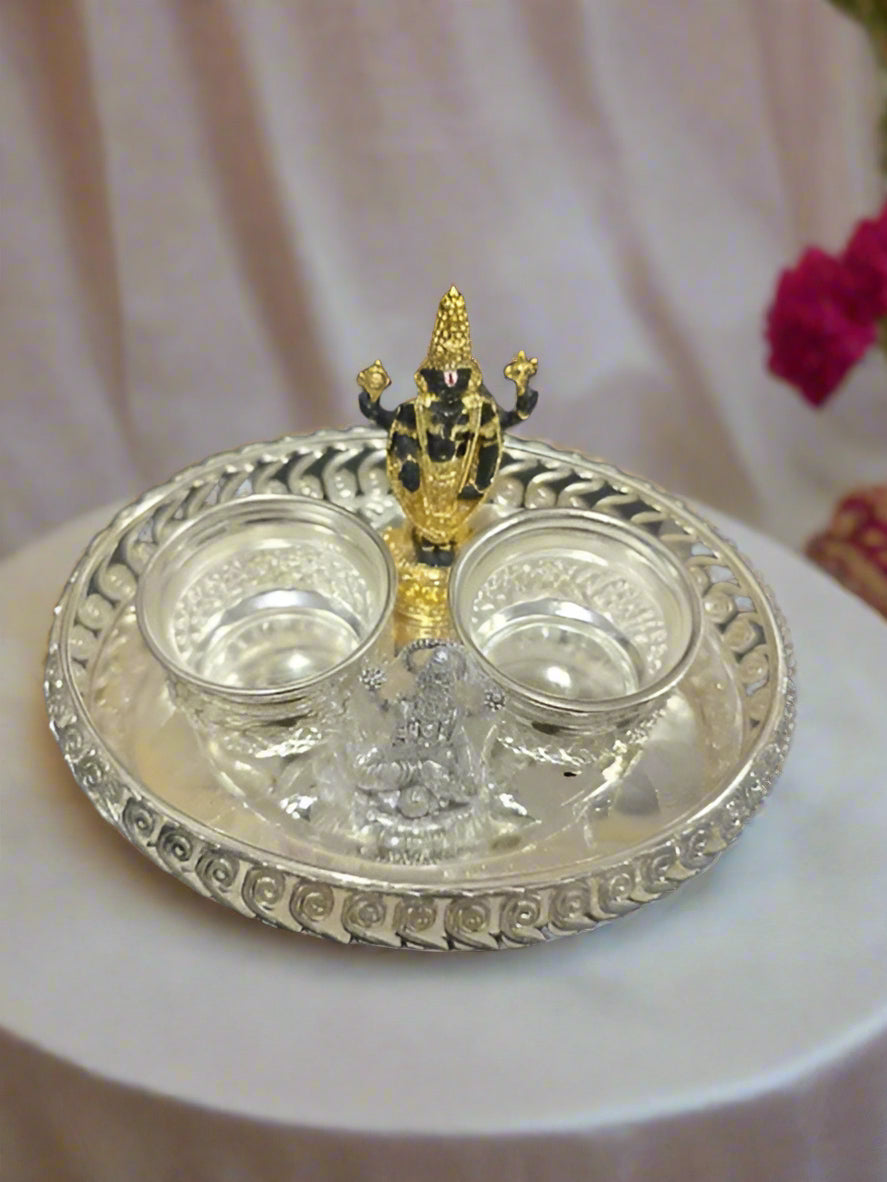 German silver pooja set golden Tirupati Balaji, Lakshmi 2 bowls and tray