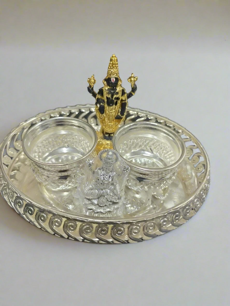 German silver pooja set golden Tirupati Balaji, Lakshmi 2 bowls and tray