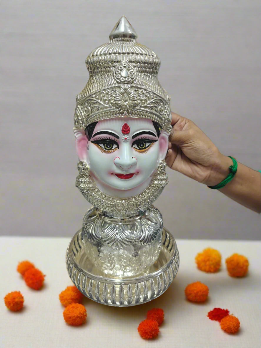 German silver astha lakshmi kalash with lakshmi face and tray