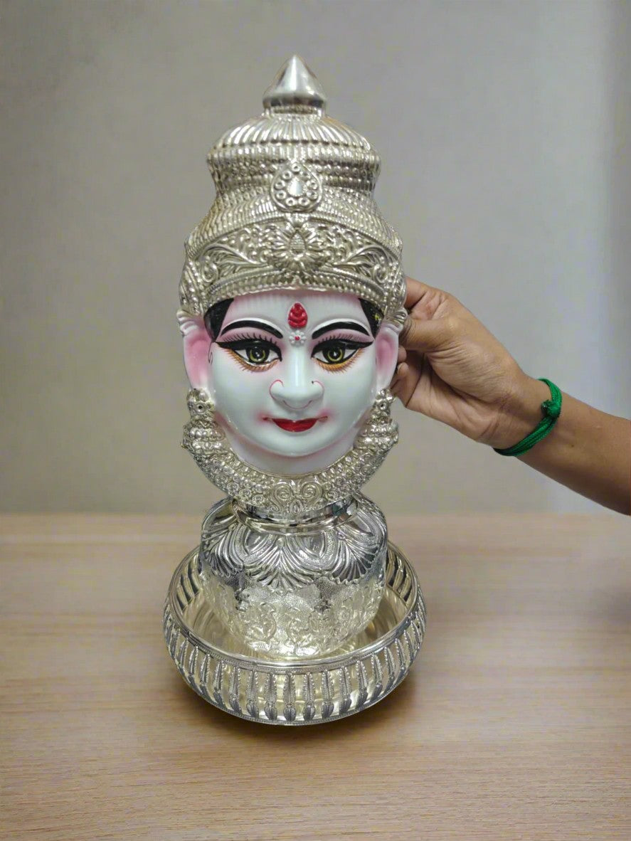 German silver astha lakshmi kalash with lakshmi face and tray