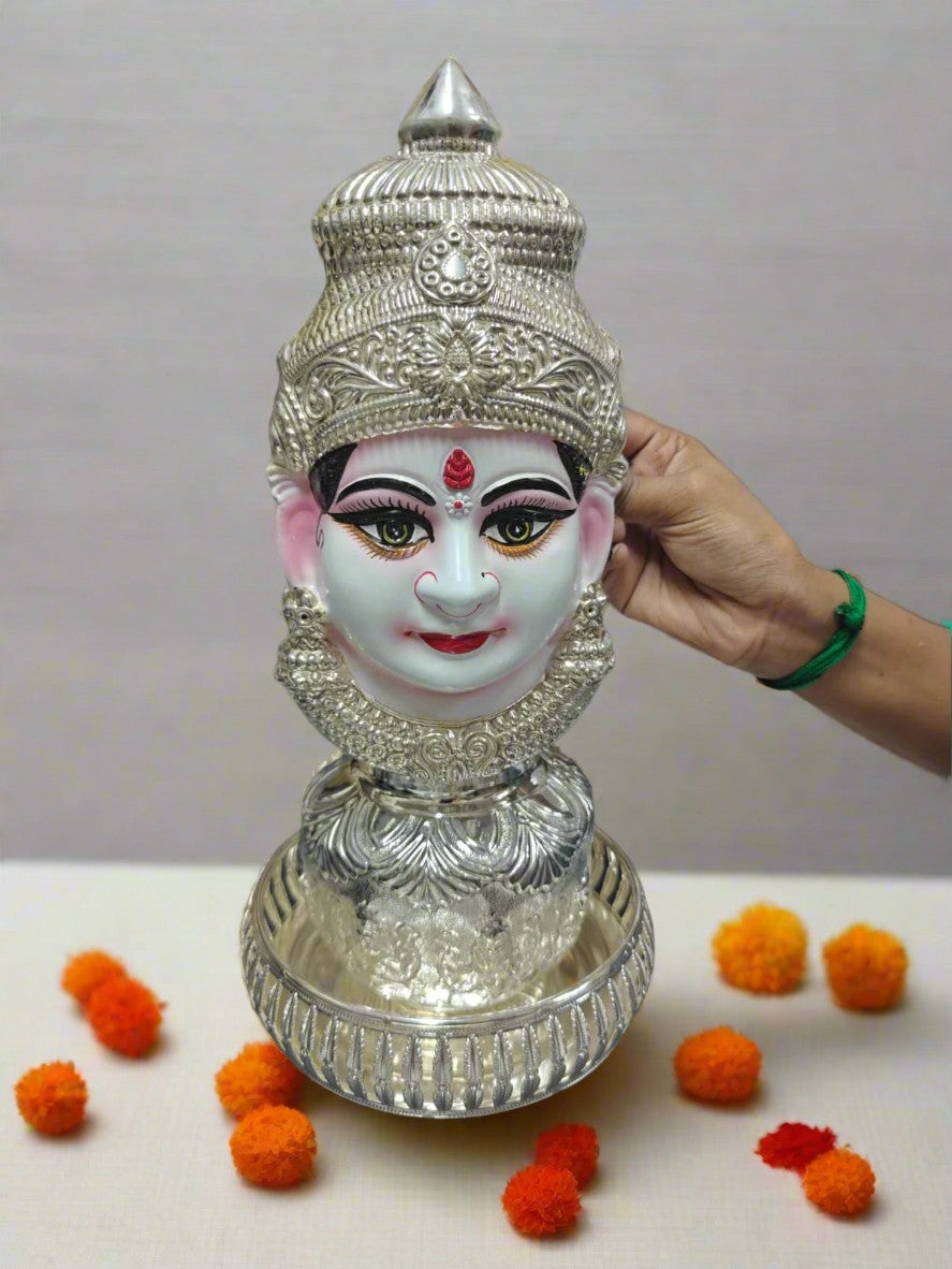 German silver astha lakshmi kalash with lakshmi face and tray