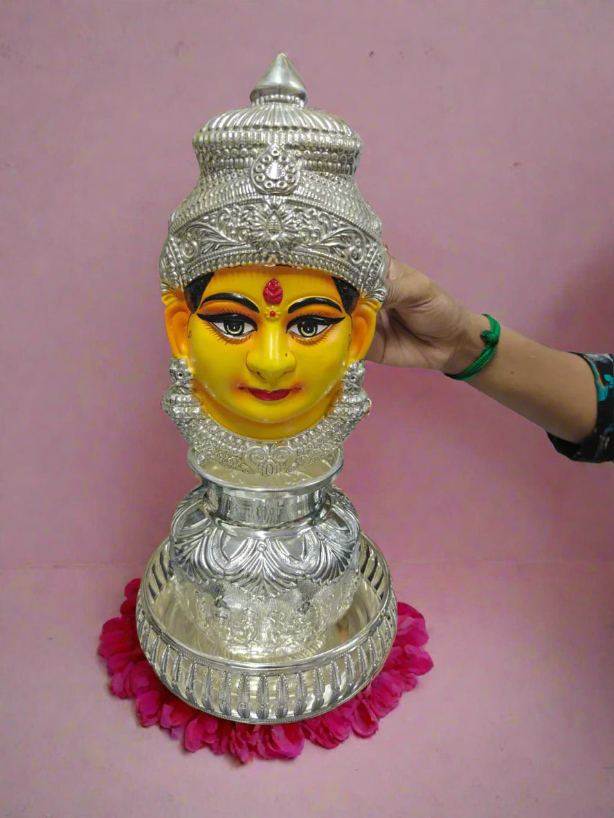 German silver ashtha lakshmi kalash with Tanjore painted lakshmi face and tray set