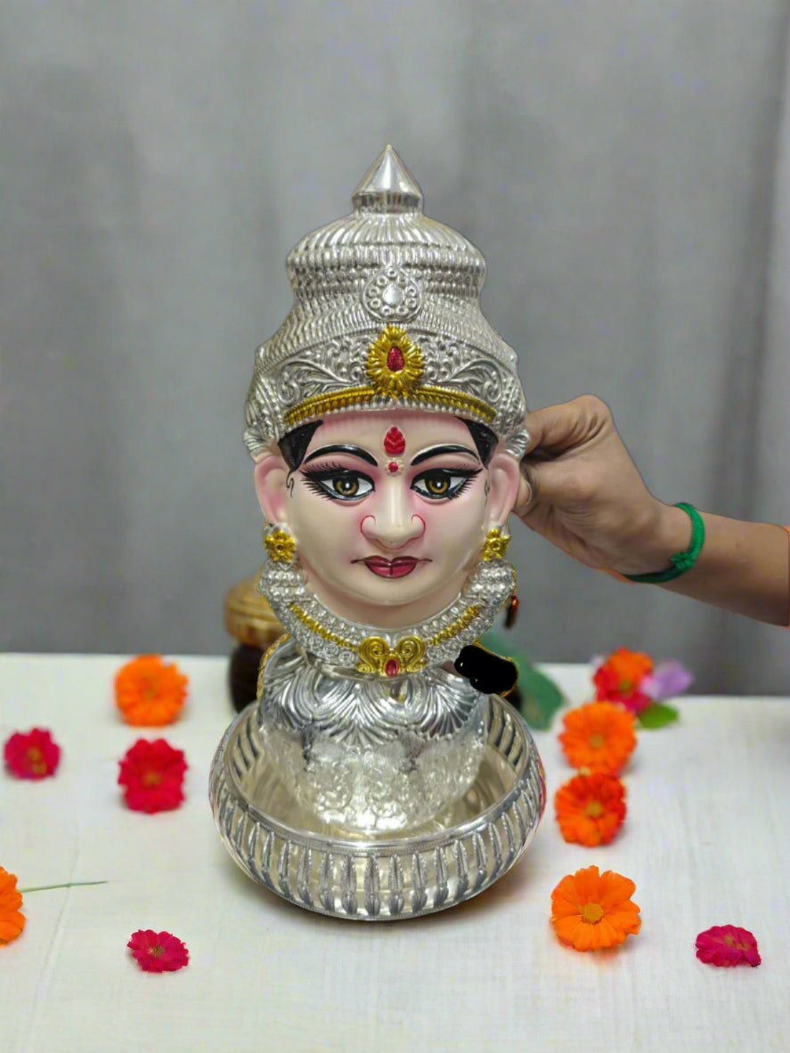 German silver ashtha lakshmi kalash with Tanjore painted lakshmi face and tray set
