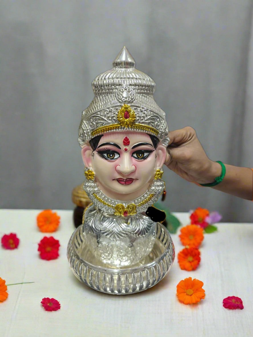 German silver ashtha lakshmi kalash with Tanjore painted lakshmi face and tray set
