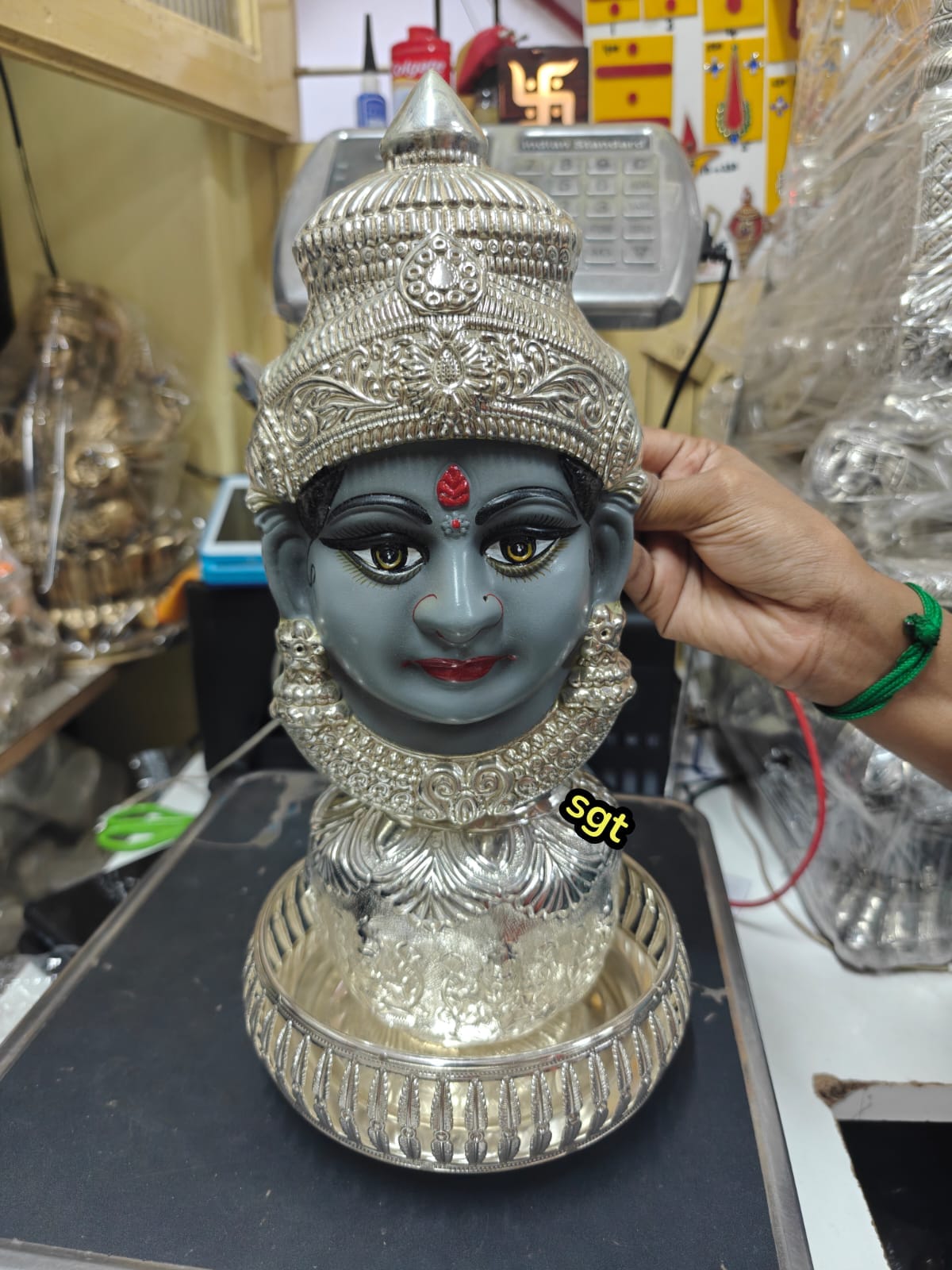 German silver ashta lakshmi kalash with Tanjore painted lakshmi face and tray set