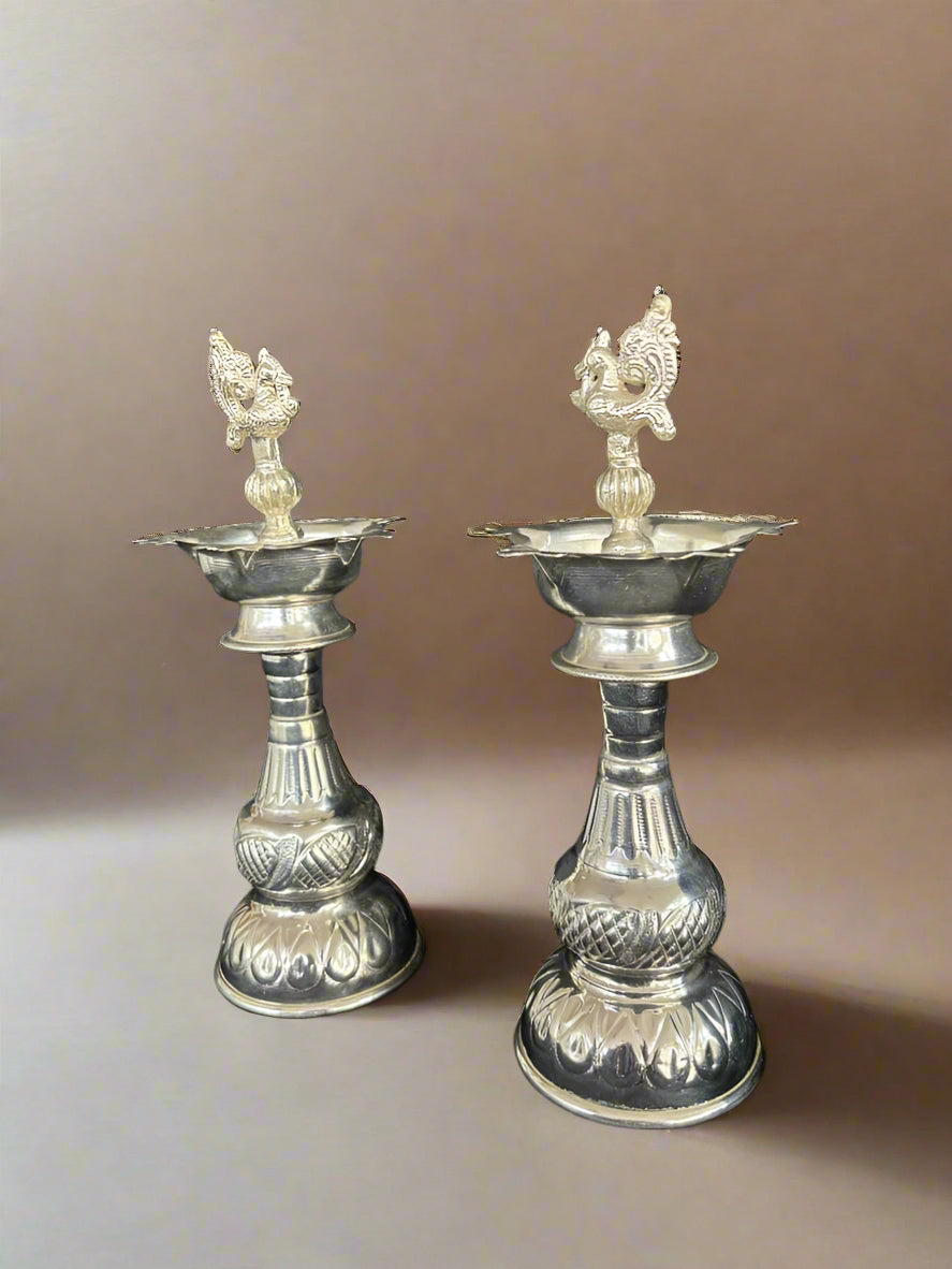 German silver peacock Diya set 10"
