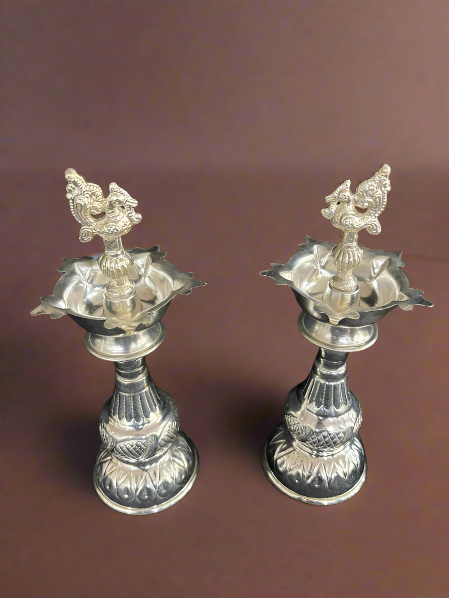 German silver peacock Diya set 10"