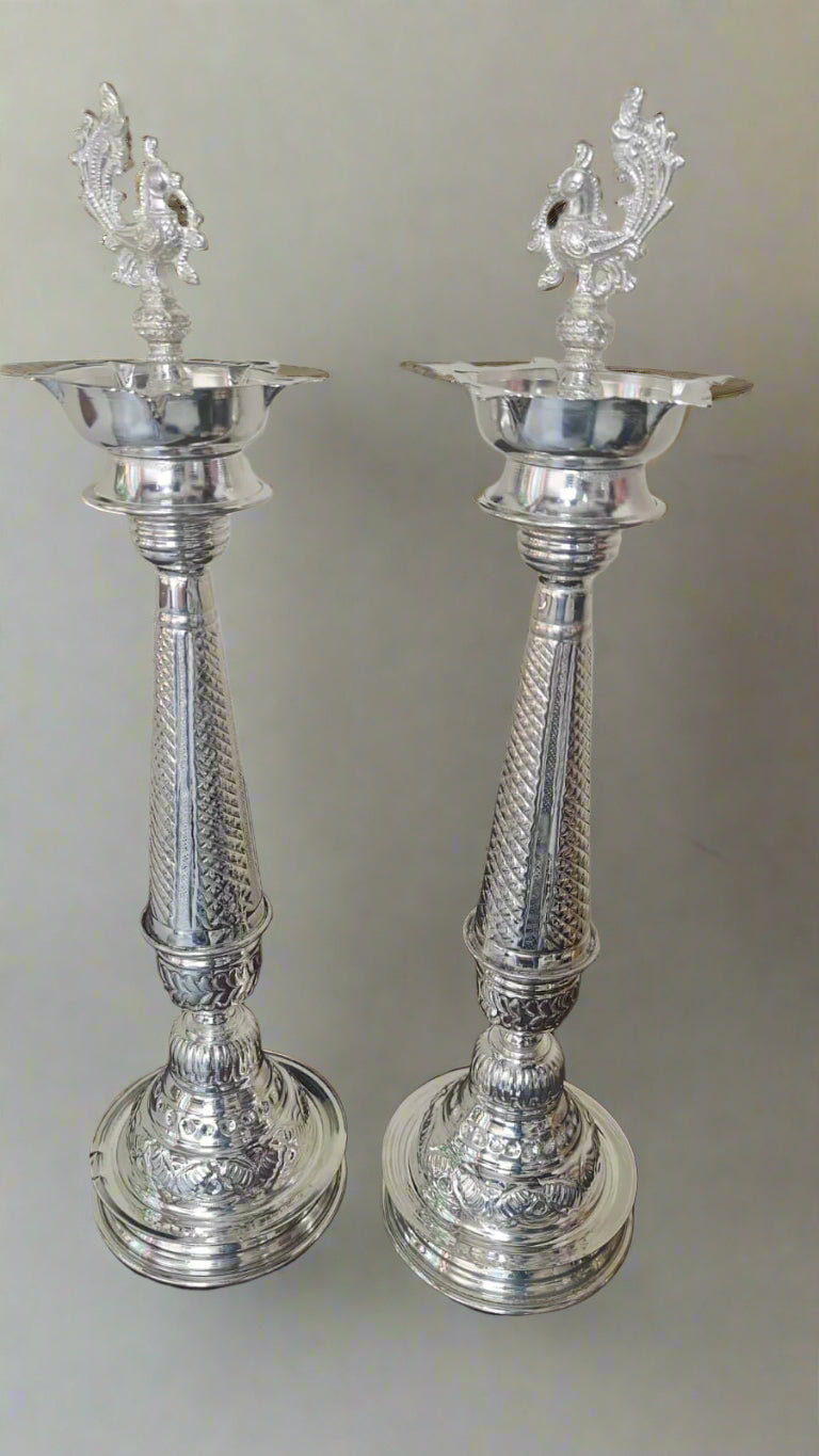 German silver  peacock Diya pair set