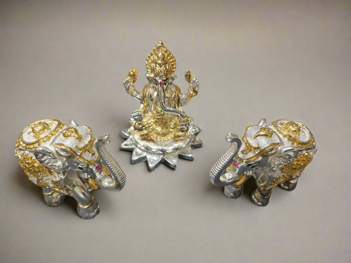 resin gold and silver Ganesh with elephant idol