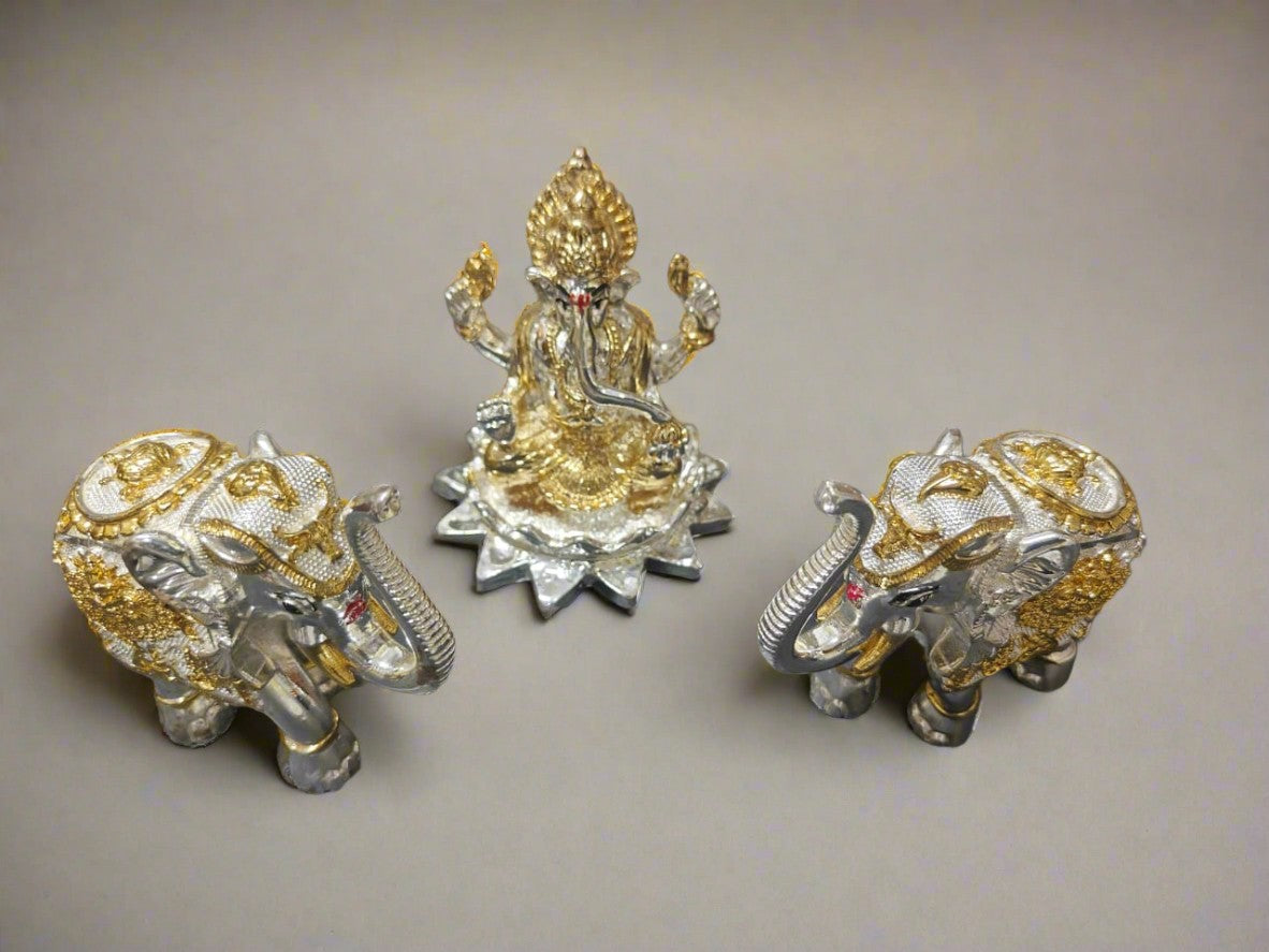 resin gold and silver Ganesh with elephant idol