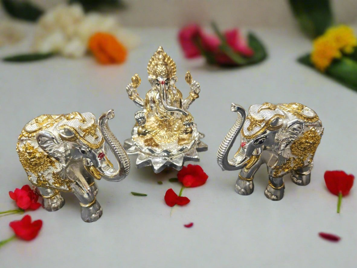 resin gold and silver Ganesh with elephant idol