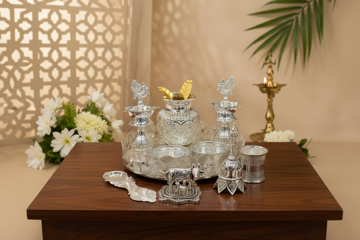 German Silver Big Pooja Thali Set – Elegant Housewarming Puja Essentials & Festive Gift