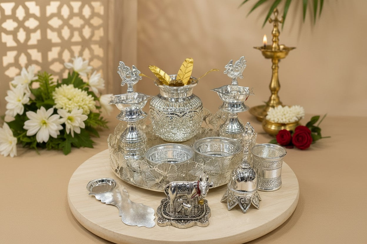 German Silver Big Pooja Thali Set – Elegant Housewarming Puja Essentials & Festive Gift