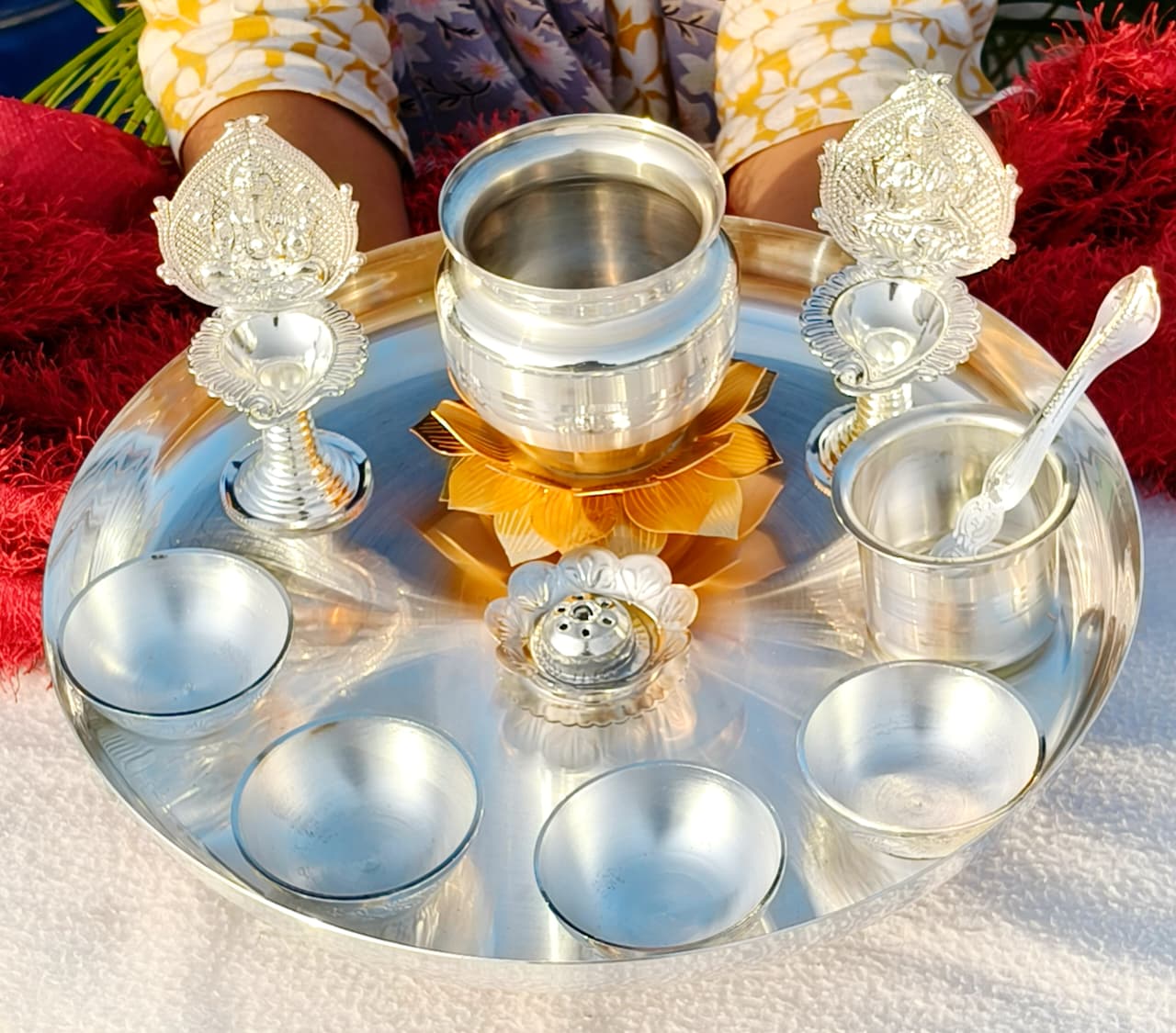 German Silver Pooja Thali Set – 11 Piece Complete Ensemble for Rituals, Festive Décor & Gifting