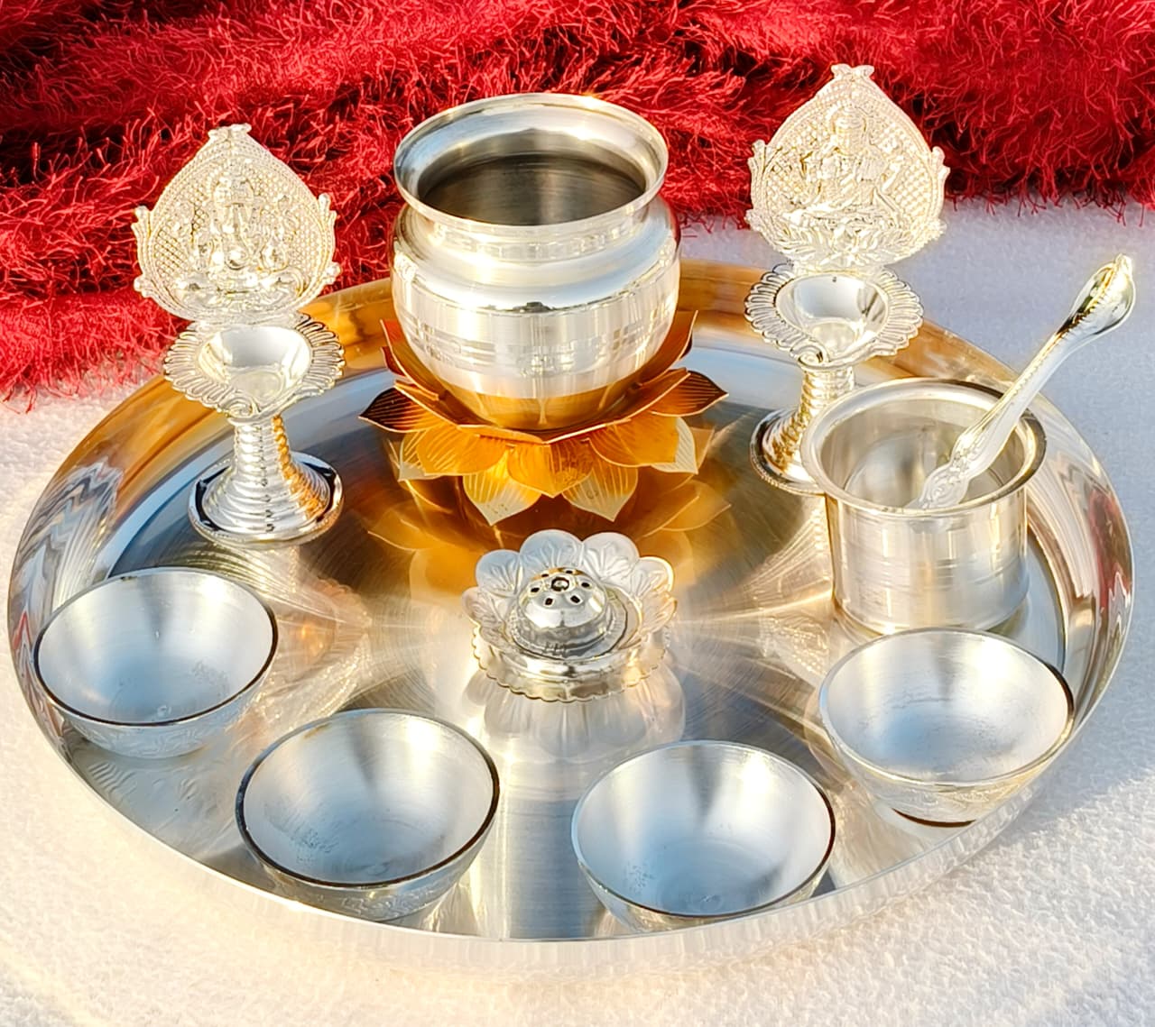 German Silver Pooja Thali Set – 11 Piece Complete Ensemble for Rituals, Festive Décor & Gifting