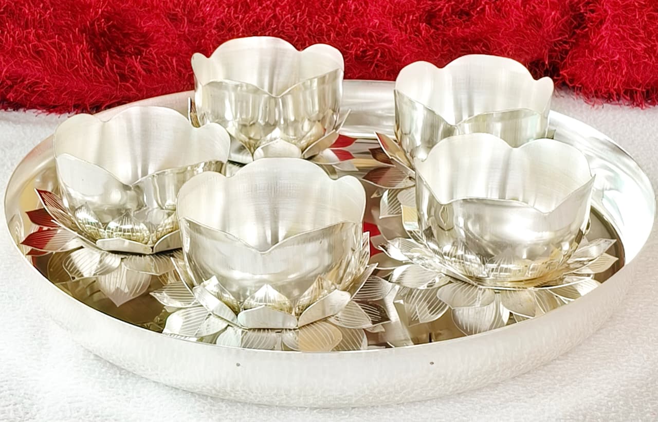 German Silver plate set - Bowls with silver Lotus Stand – Elegant Serveware & Pooja Décor