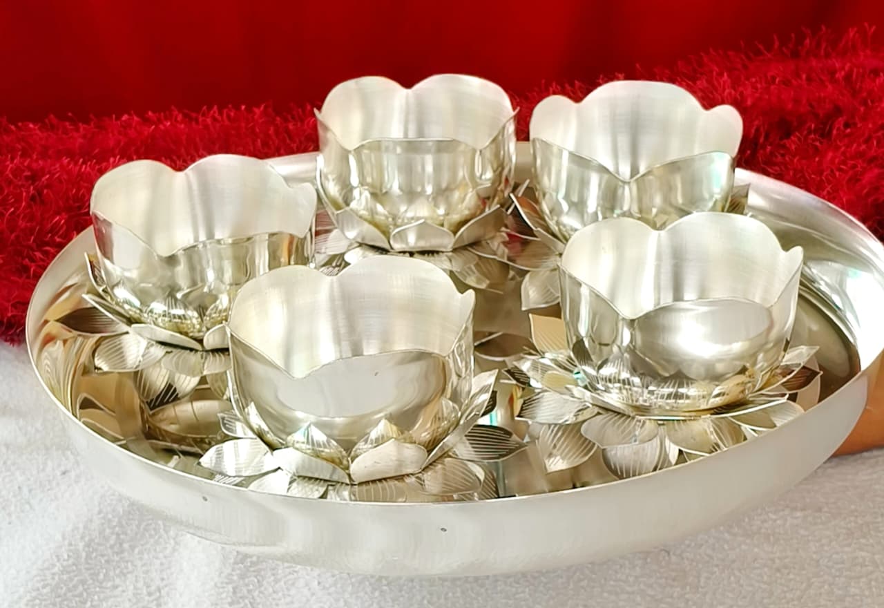 German Silver plate set - Bowls with silver Lotus Stand – Elegant Serveware & Pooja Décor