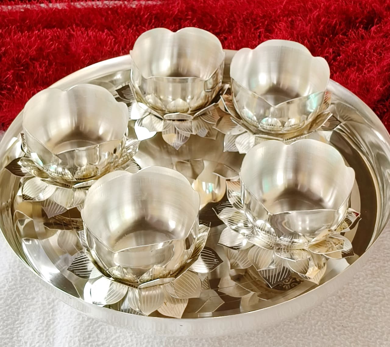 German Silver plate set - Bowls with silver Lotus Stand – Elegant Serveware & Pooja Décor