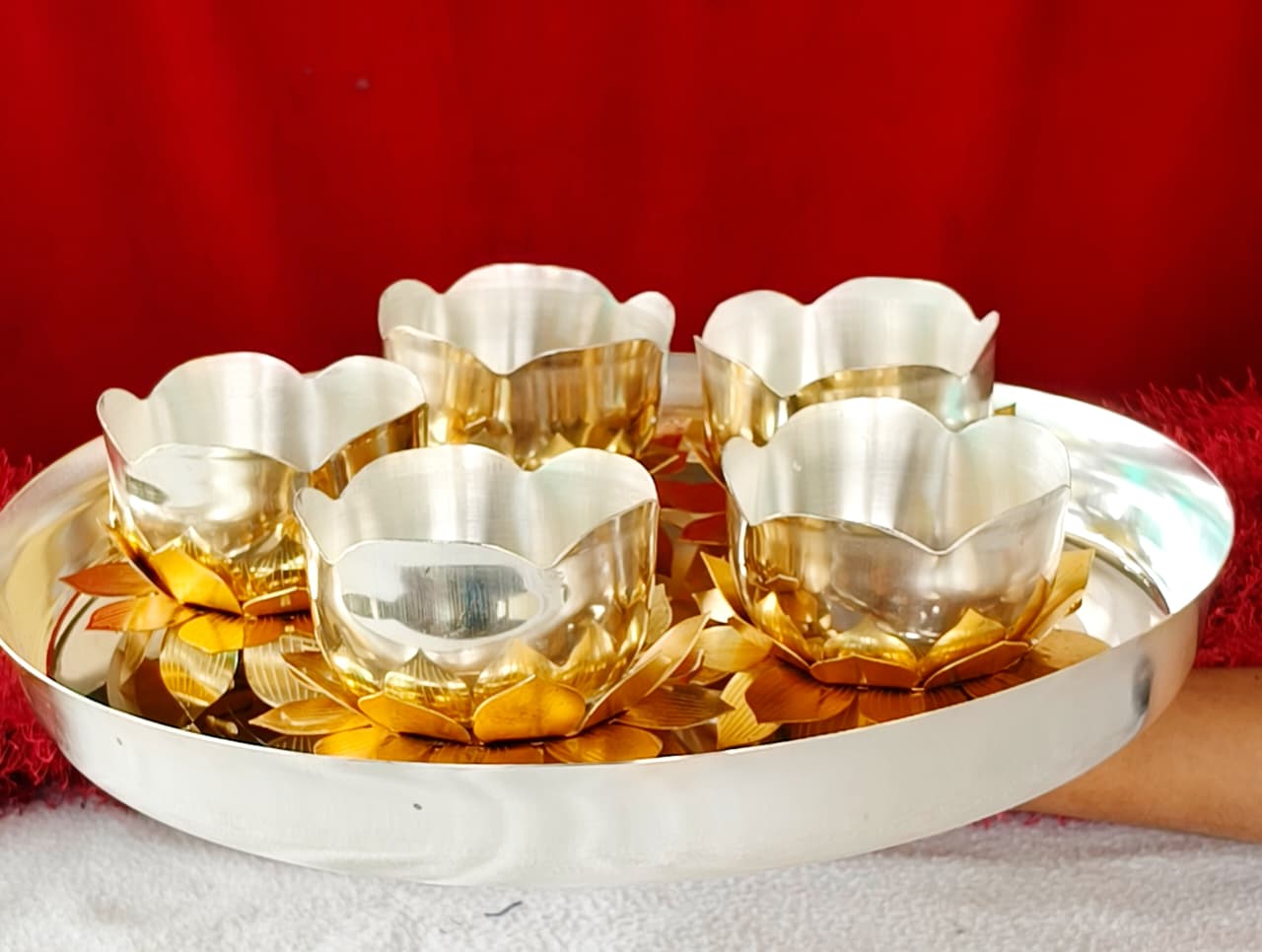 German Silver plate set - Bowls with golden Lotus Stand – Elegant Serveware & Pooja Décor