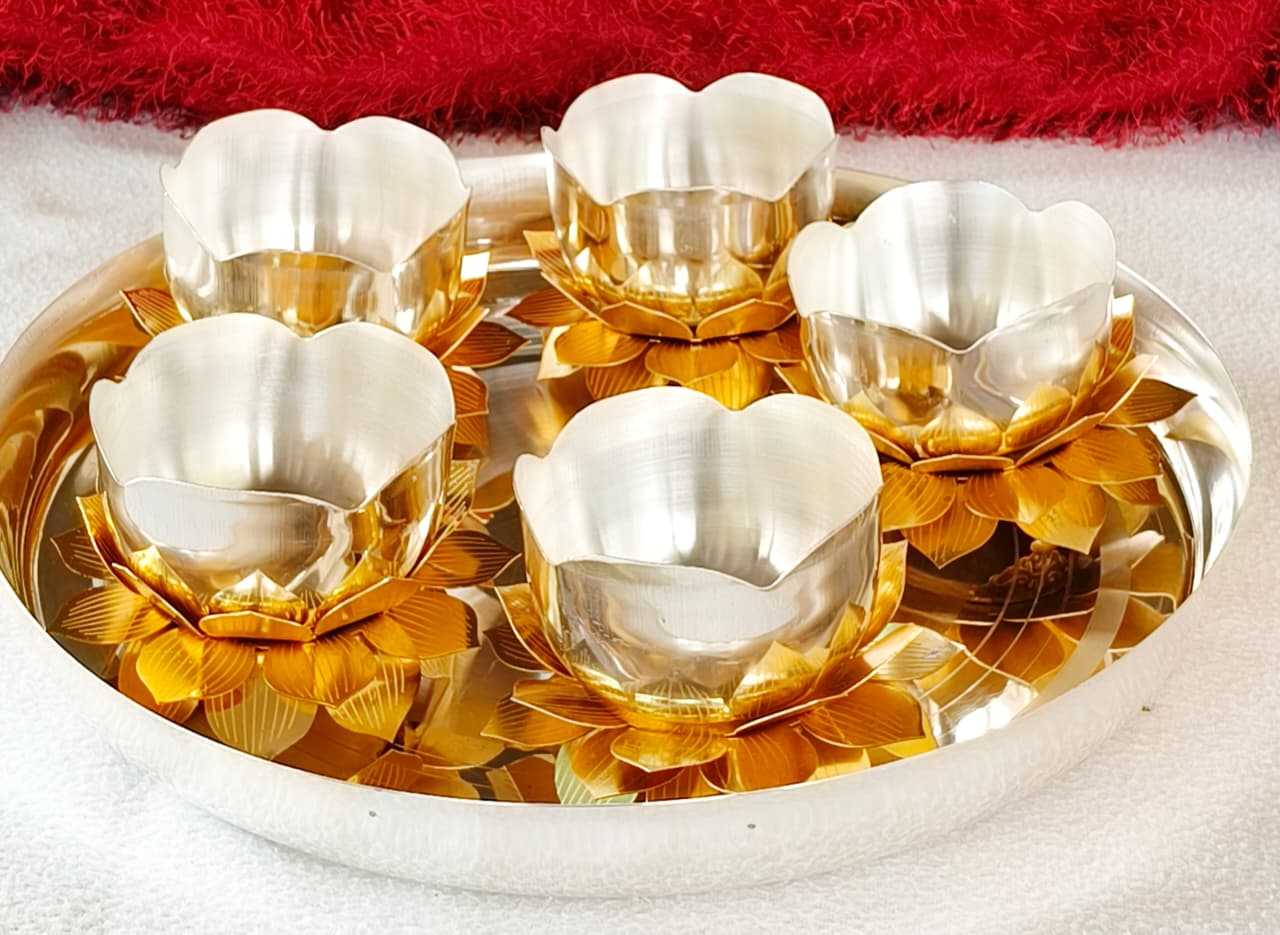German Silver plate set - Bowls with golden Lotus Stand – Elegant Serveware & Pooja Décor