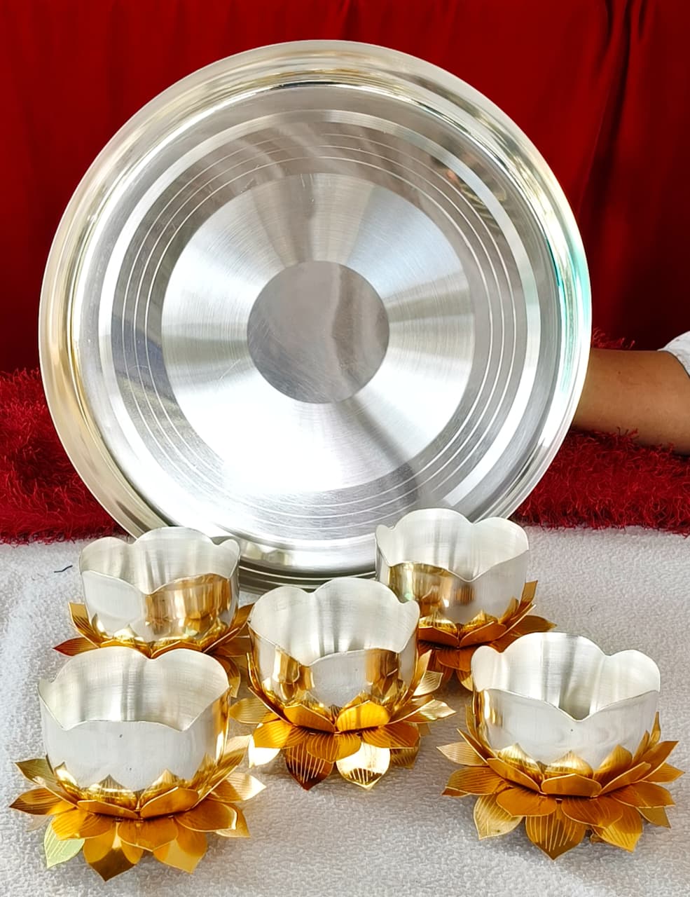 German Silver plate set - Bowls with golden Lotus Stand – Elegant Serveware & Pooja Décor