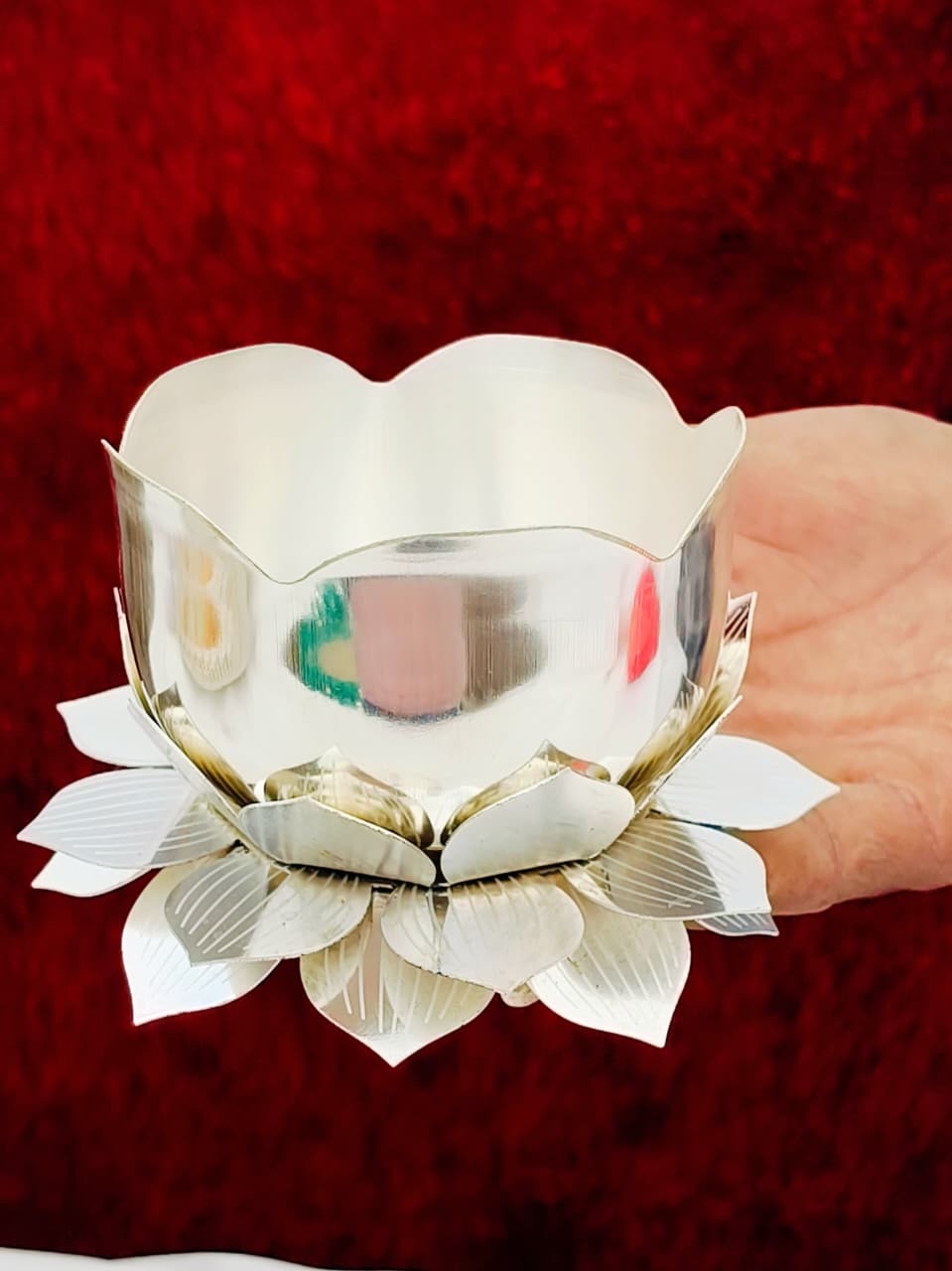 German Silver Bowls with silver Lotus Stand – Set of 2 Pairs for Pooja & Décor