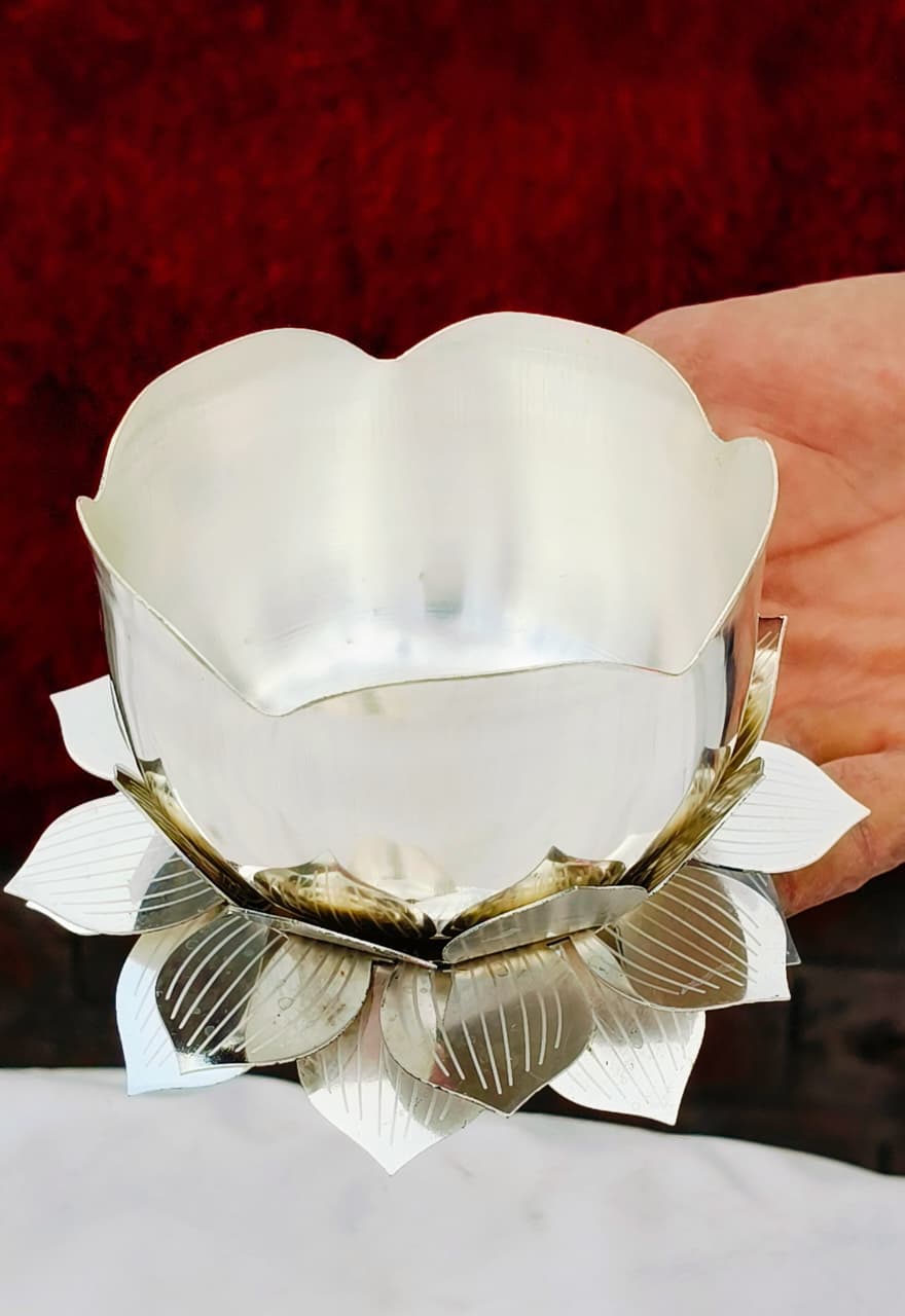 German Silver Bowls with silver Lotus Stand – Set of 2 Pairs for Pooja & Décor