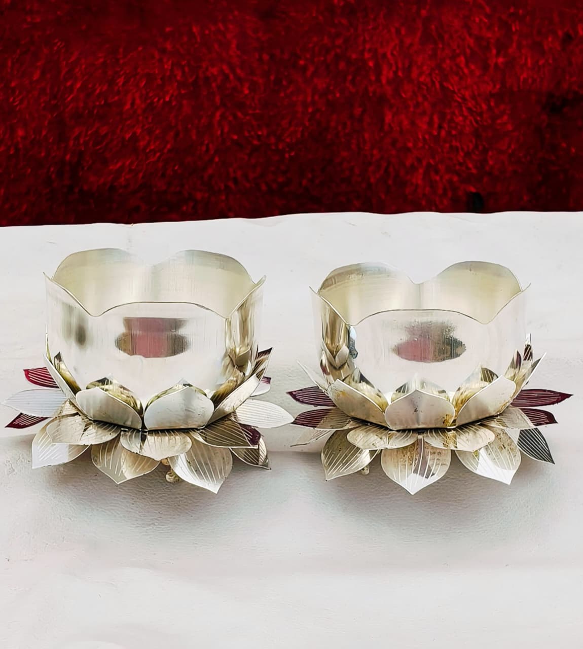 German Silver Bowls with silver Lotus Stand – Set of 2 Pairs for Pooja & Décor