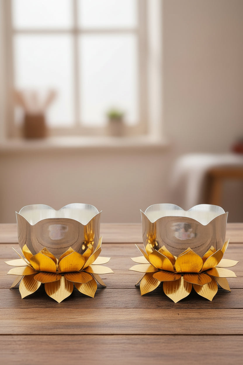 German Silver Bowls with golden Lotus Stand – Set of 2 Pairs for Pooja & Décor