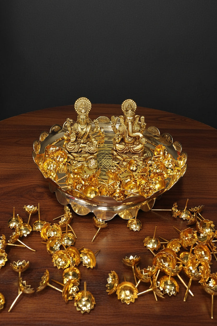 Brass Lotus Stand with Lakshmi Ganesh & 108 German Silver Flowers – Auspicious Pooja & Home Décor Ensemble