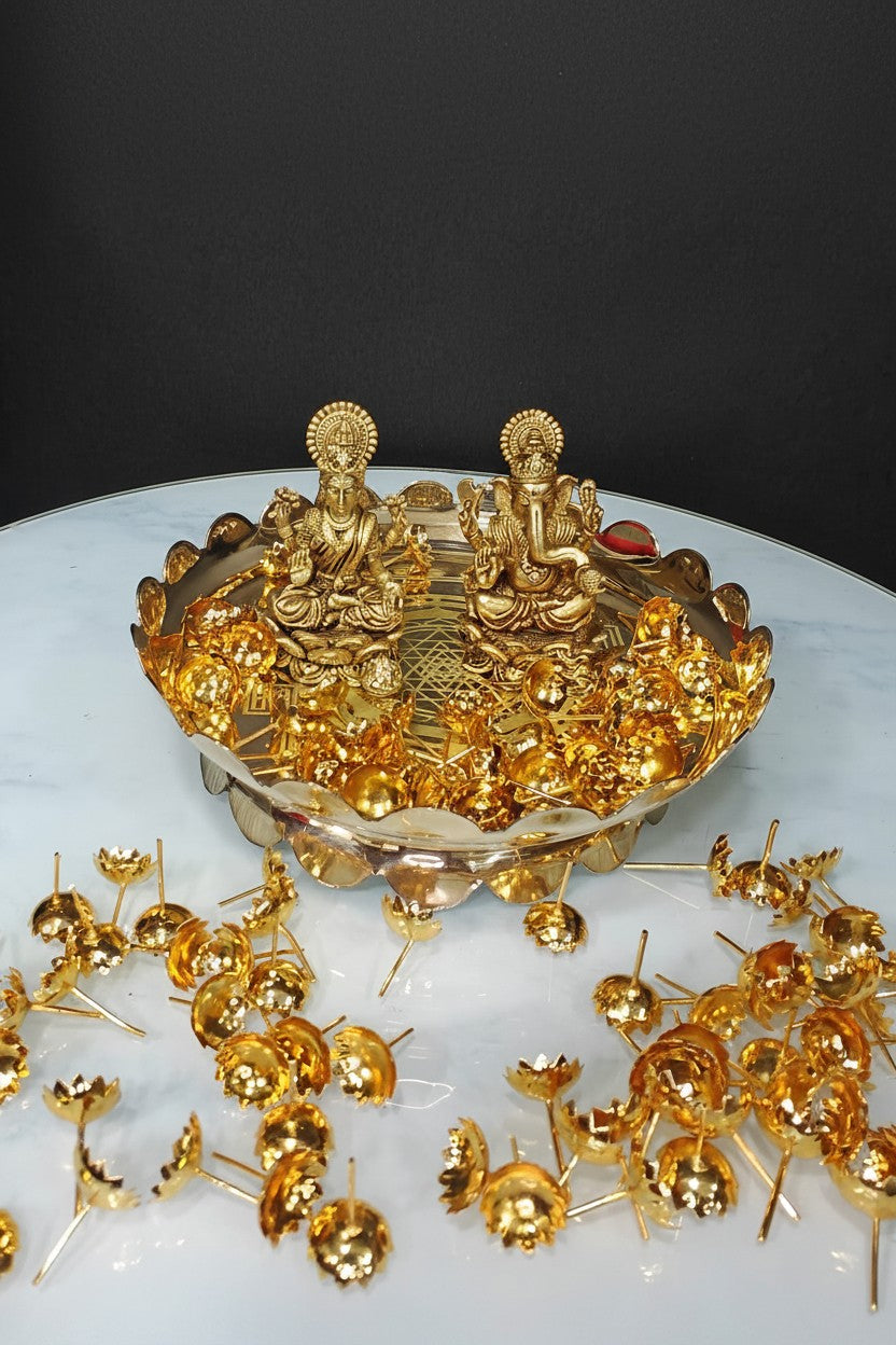 Brass Lotus Stand with Lakshmi Ganesh & 108 German Silver Flowers – Auspicious Pooja & Home Décor Ensemble