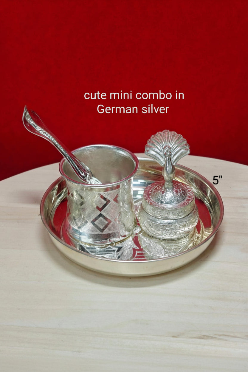 German Silver Mini Pooja Set with Plate, Panchpatra & Kumkum Bowl – Sacred Ritual & Housewarming Gift