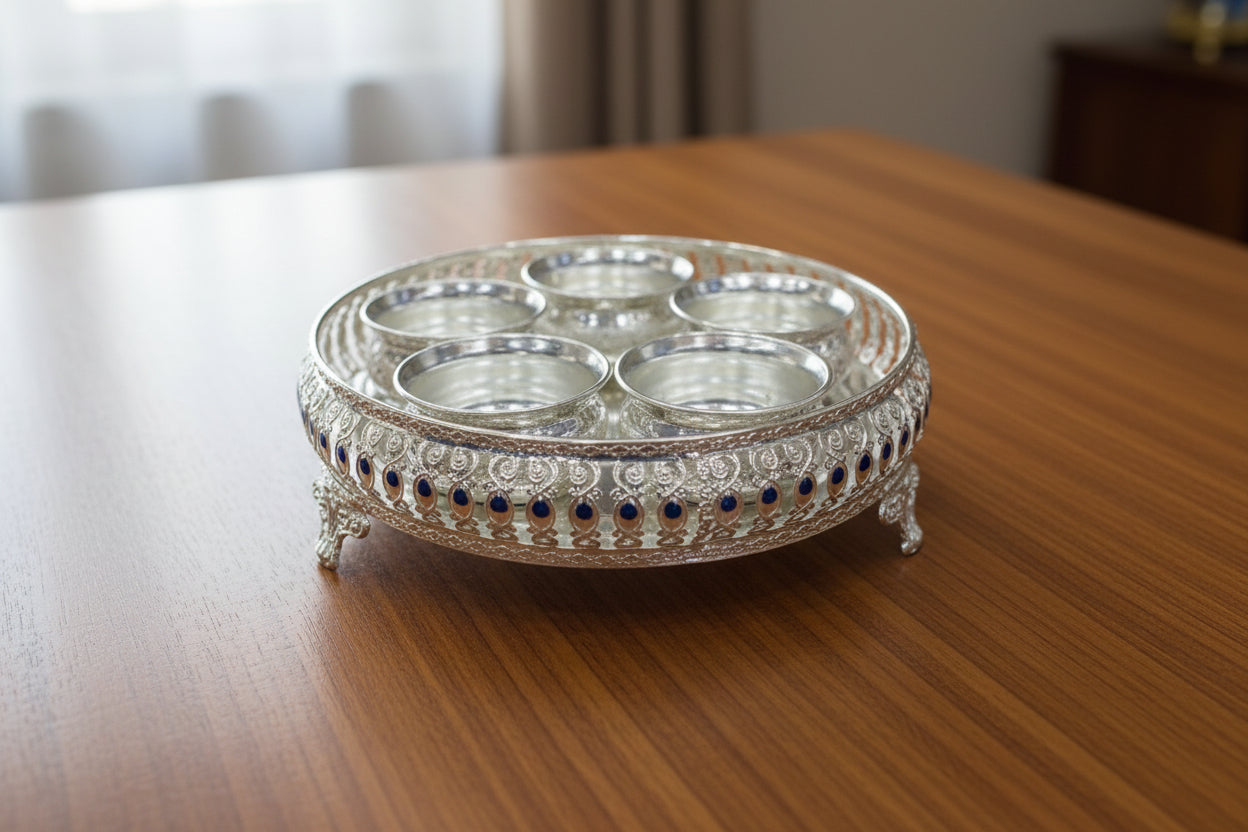 German Silver Tray Set with 5 Bowls – Elegant Serveware & Festive Gift