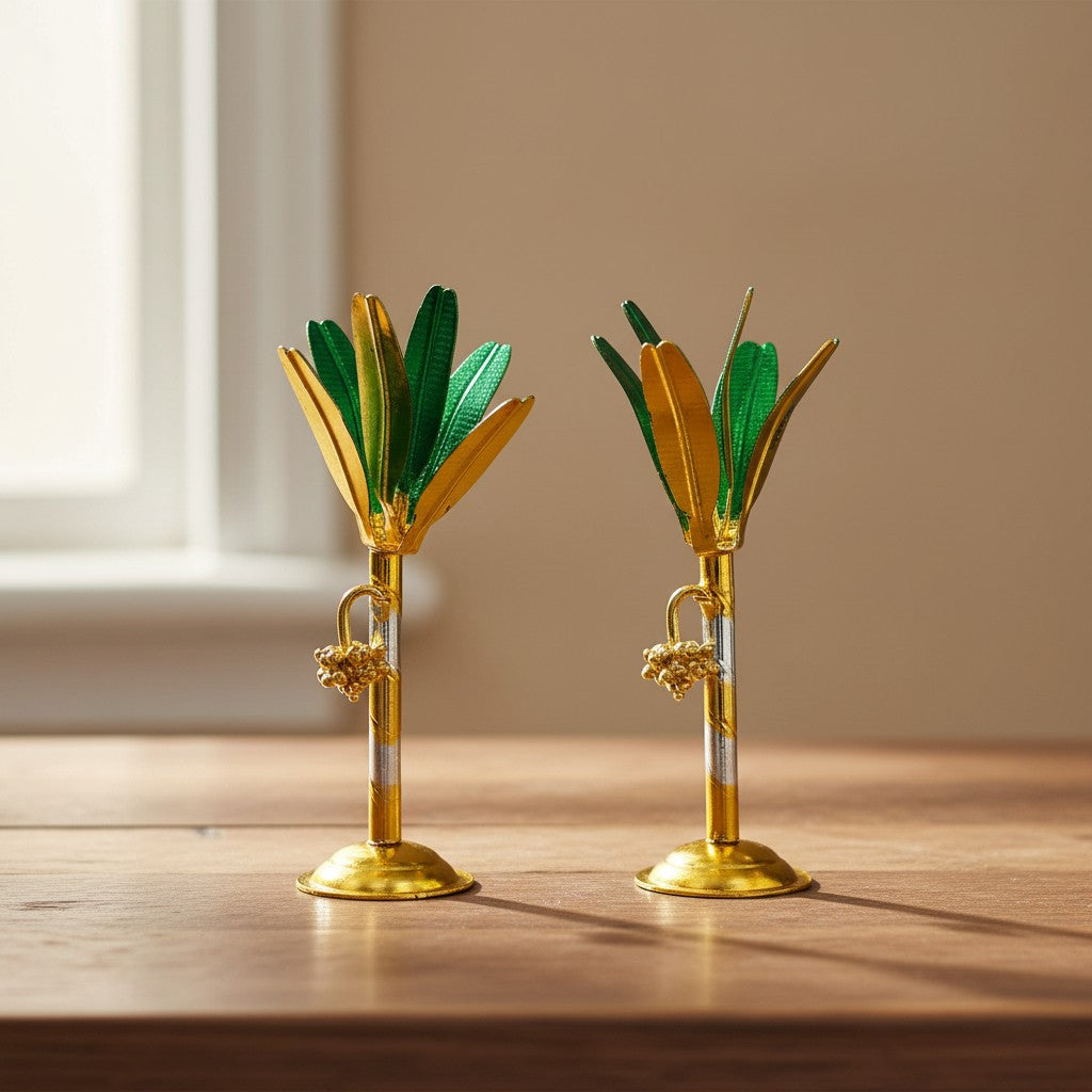 German Silver Golden Banana Tree Pair 6" – Auspicious Vara Lakshmi Festival Décor & Gift