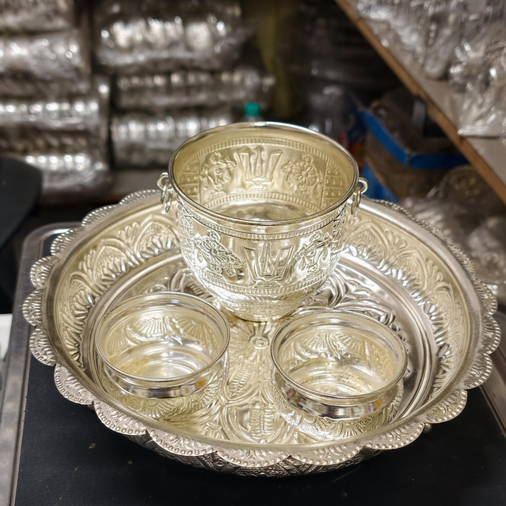 German Silver Flower Tray with 1 Big Bowl & 2 Kumkum Bowls – Elegant Pooja & Festive Gift Set