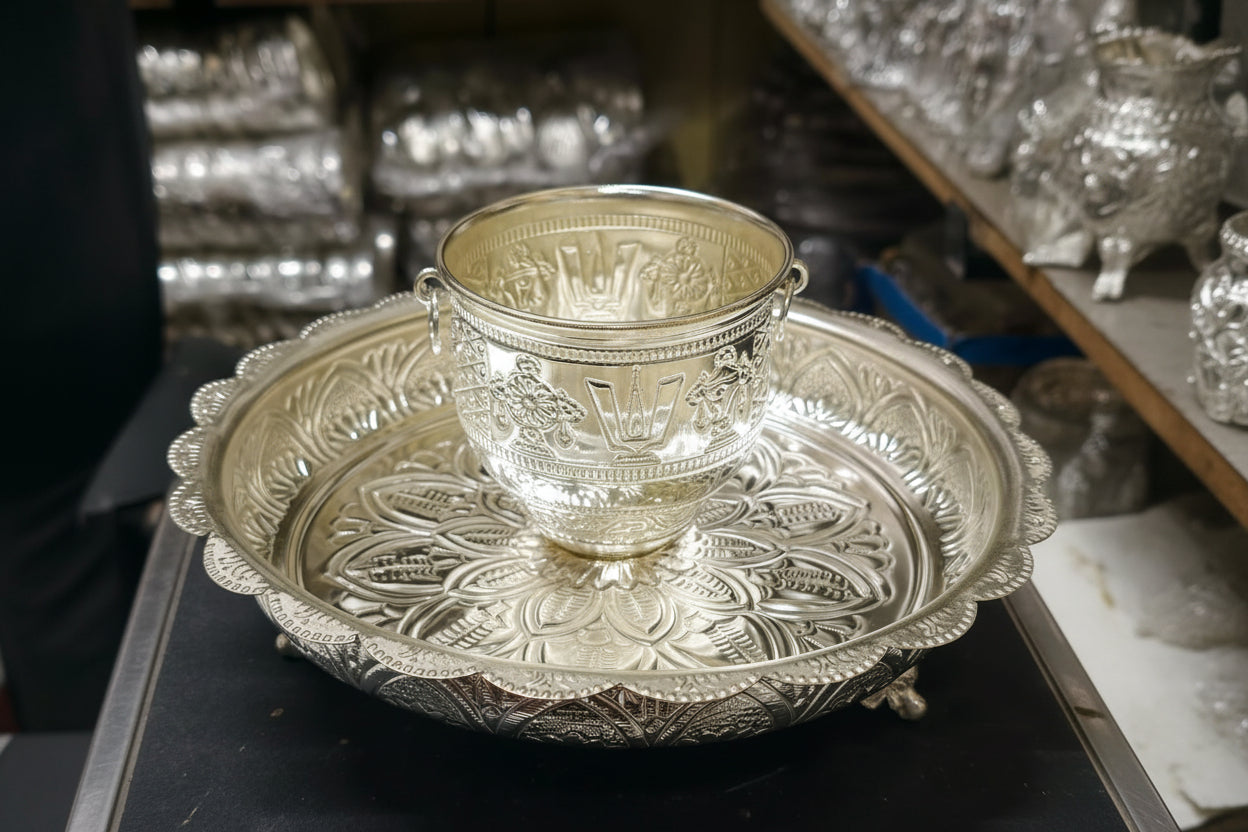 German Silver Flower Tray with 1 Big Bowl & 2 Kumkum Bowls – Elegant Pooja & Festive Gift Set