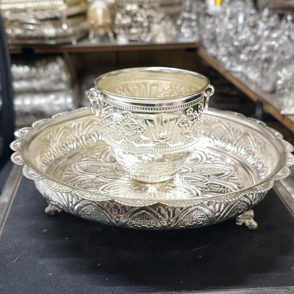 German Silver Flower Tray with 1 Big Bowl & 2 Kumkum Bowls – Elegant Pooja & Festive Gift Set