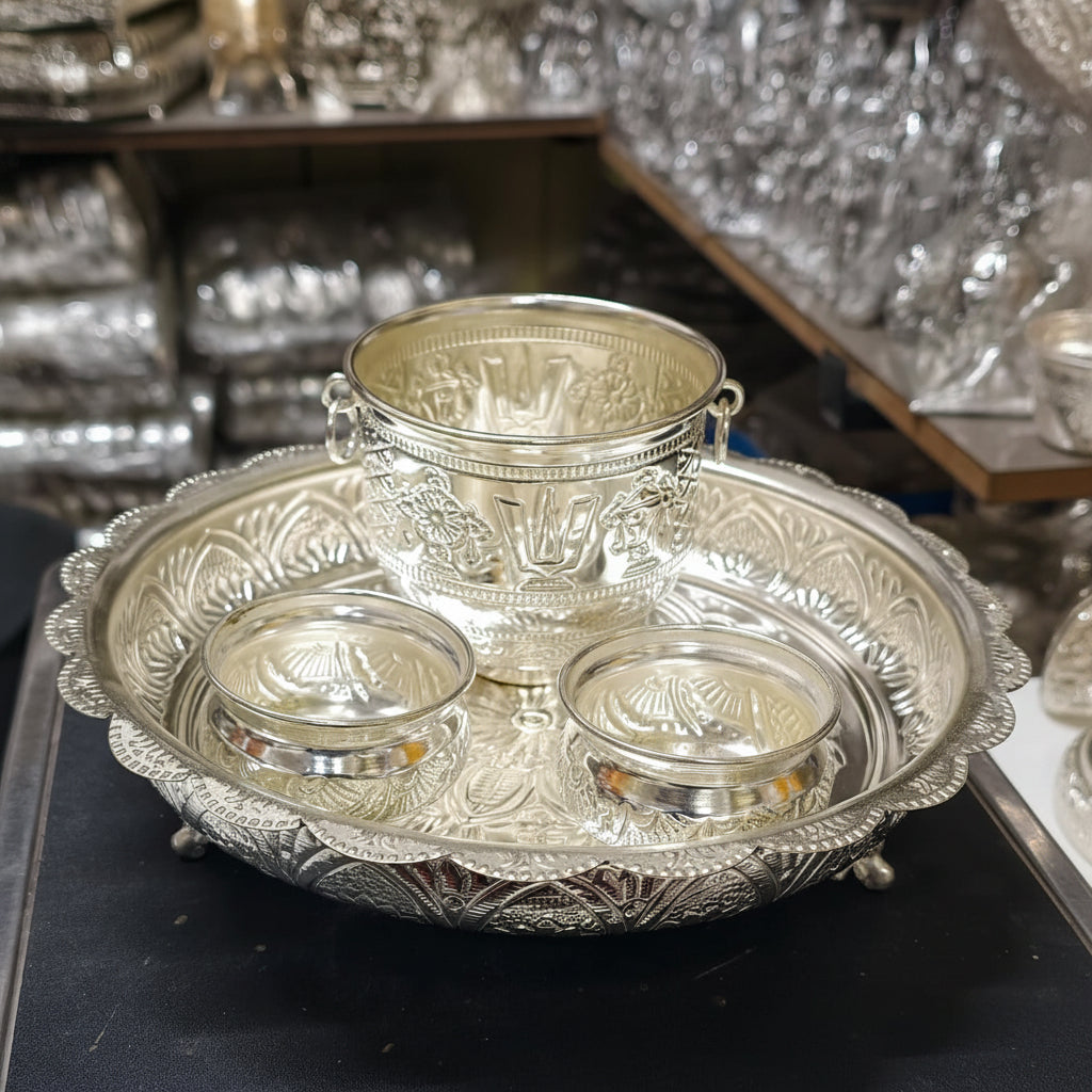 German Silver Flower Tray with 1 Big Bowl & 2 Kumkum Bowls – Elegant Pooja & Festive Gift Set