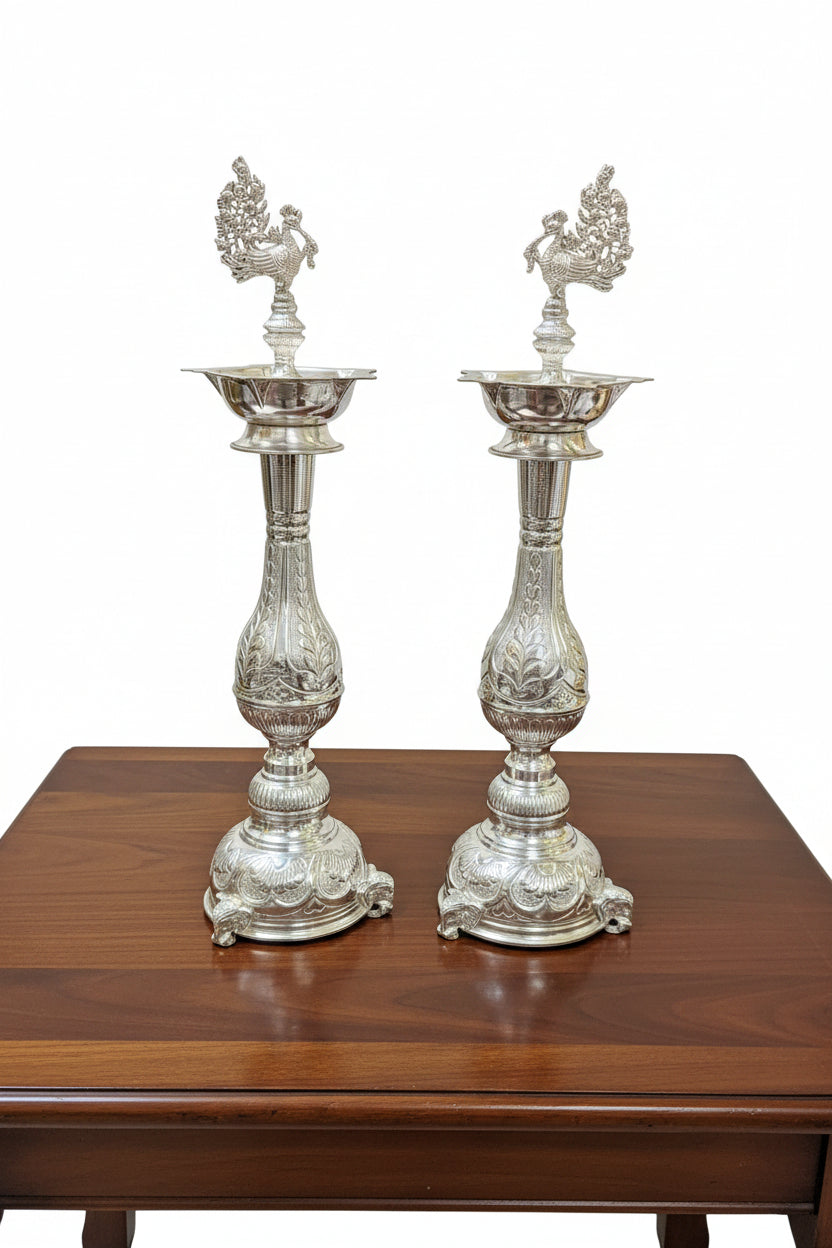 German Silver Peacock Diya with Elephant Motifs – 20 Inch Pooja & Festive Décor